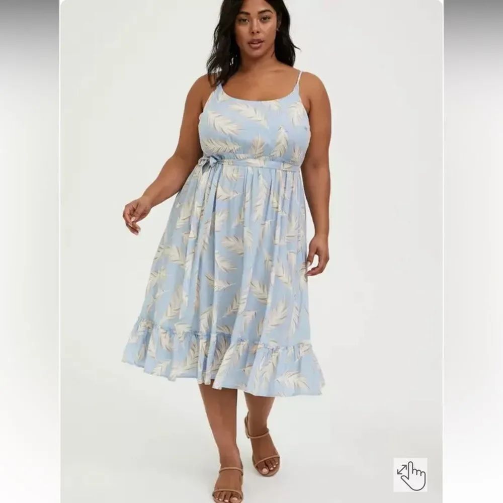 Torrid Midi Challis Feather Print Shirred Dress Size 1X